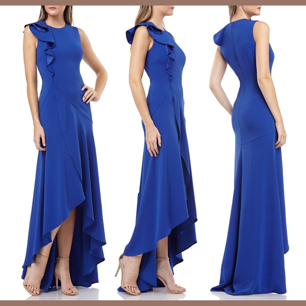 NEW $395 Carmen Marc Valvo‎ Infusion Ruffle Shoulder High/Low Gown [SZ 14 ]